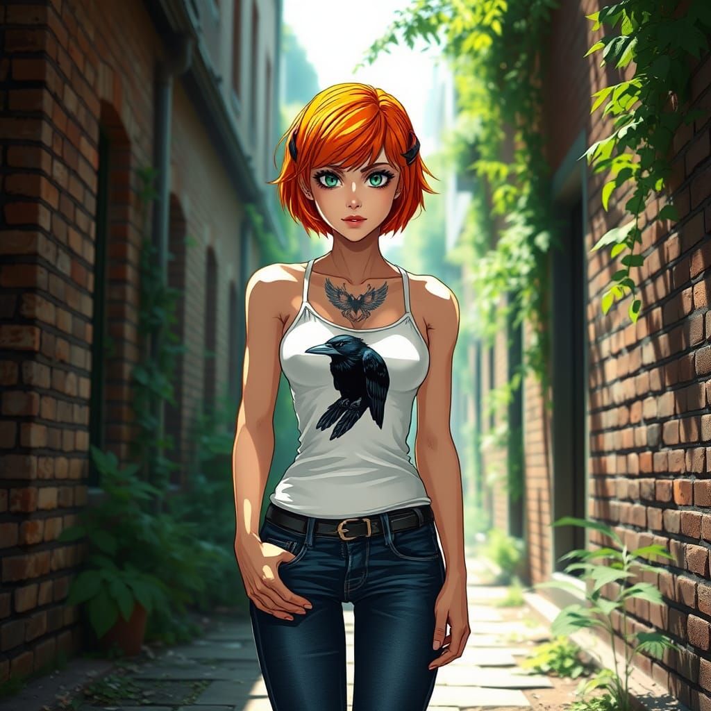 Woman with Raven Tattoo: Futuristic Digital Portrait