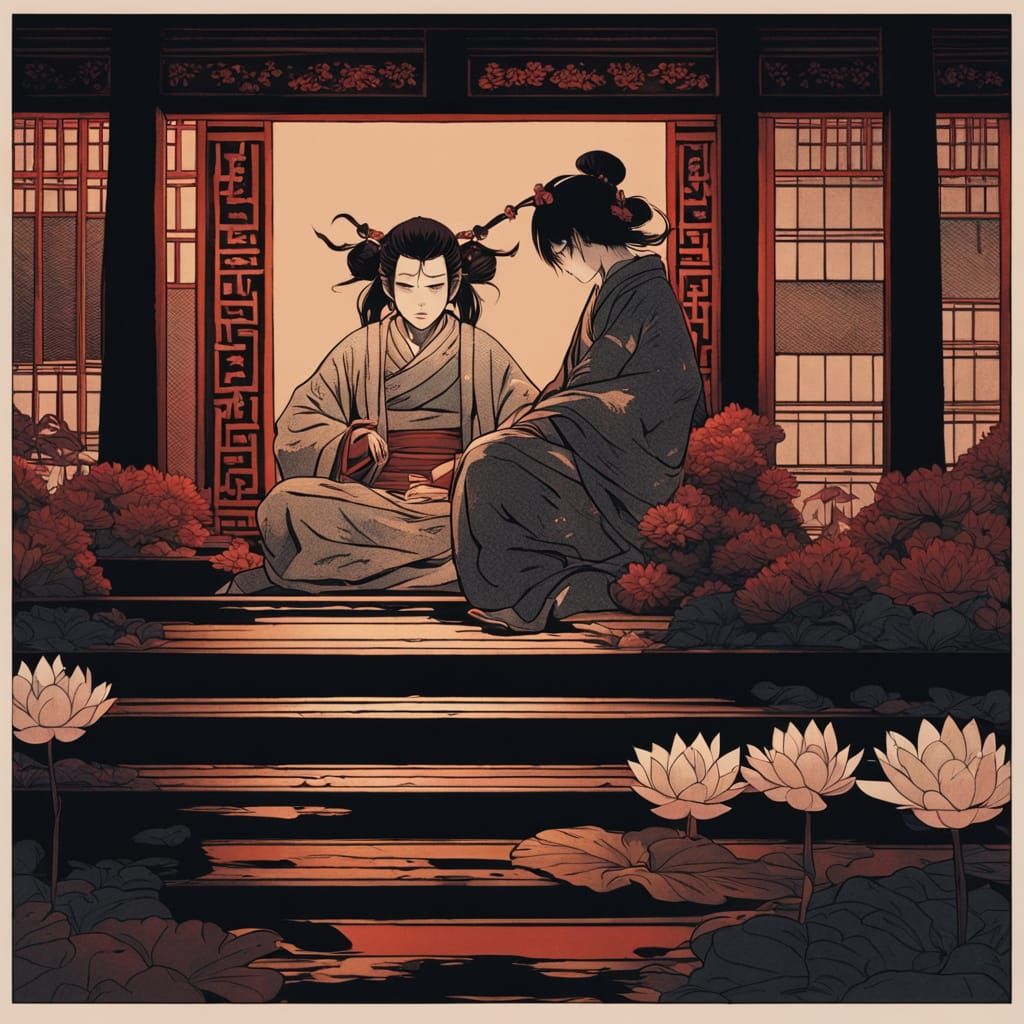 Japanese Demon Mask Women in Ethereal Temple