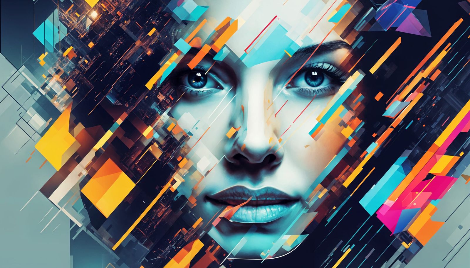 Futuristic Woman Portrait with Neon Cityscape and Glitch Eff...