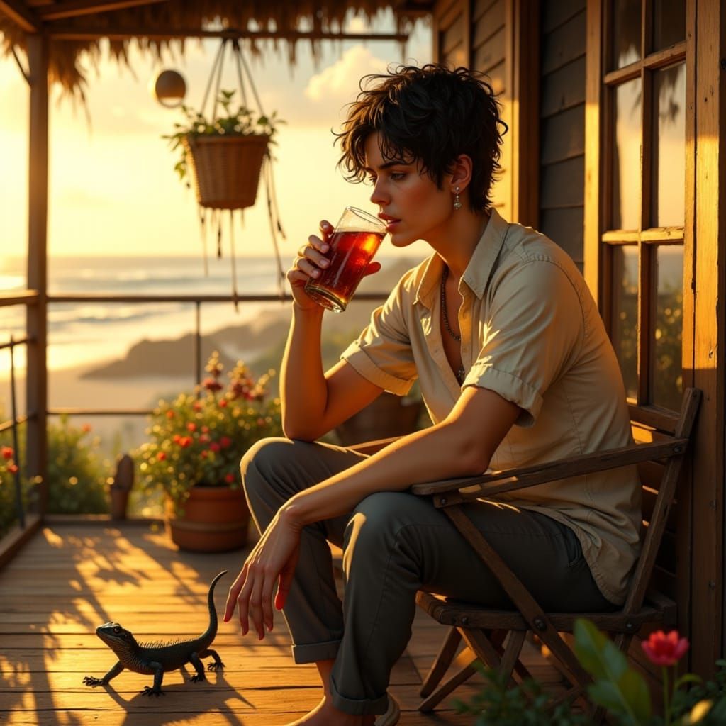 Man With Lizard on Beach House Veranda at Golden Hour