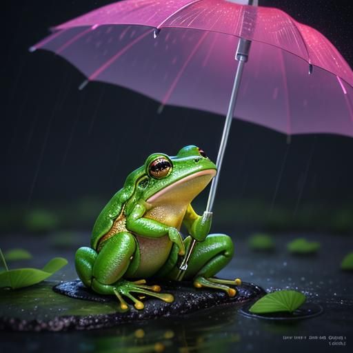 Adorable Frog Under Umbrella: Digital Art Illustration