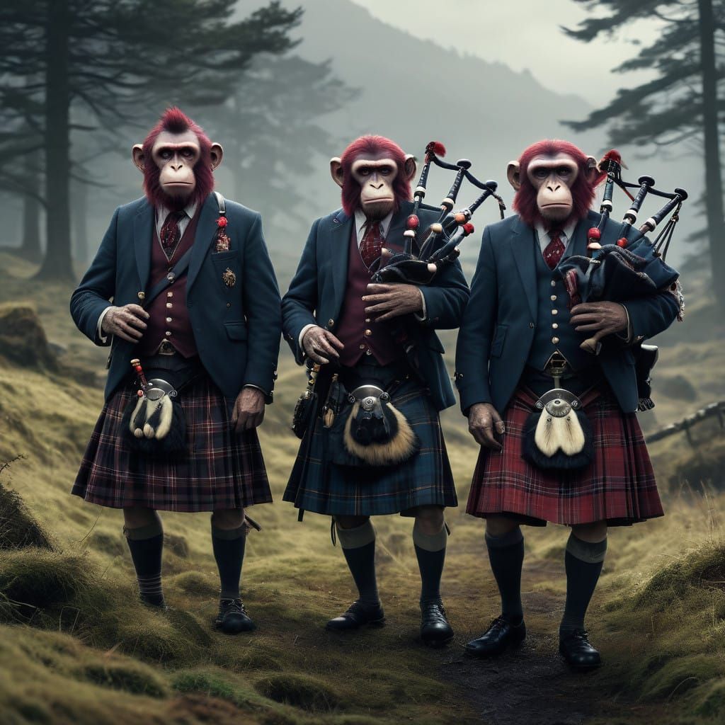 Surreal Zombie Monkey Clowns Play Bagpipes in Scottish Highl...