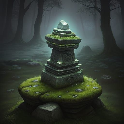 Mysterious Glowing Stone in Ancient Forest