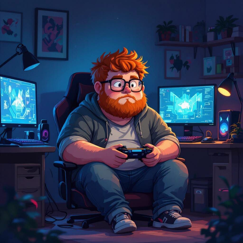 Ginger Gamer in Dimly Lit Room: Digital Art