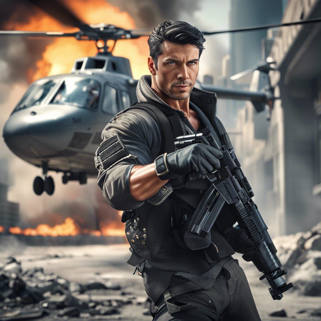 Hyperrealistic Secret Agent in Burning City