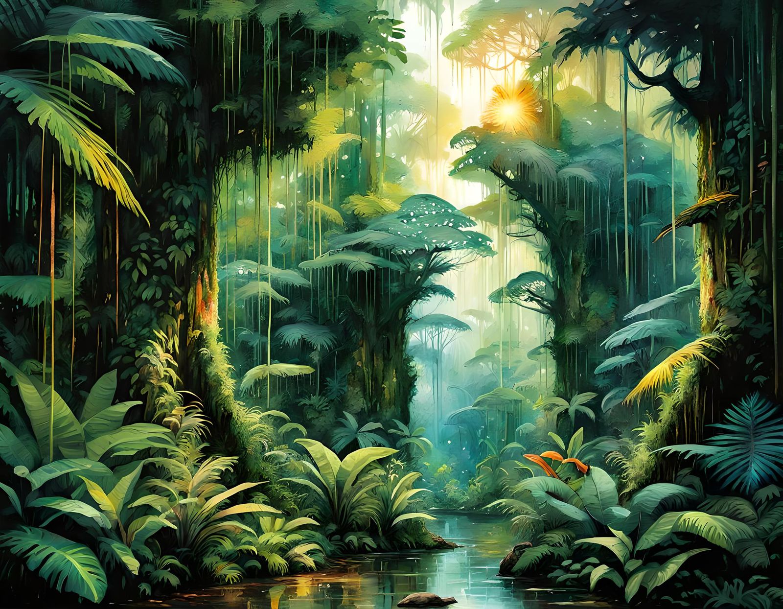 Lush Rainforest Sunset in Digital Watercolor Style