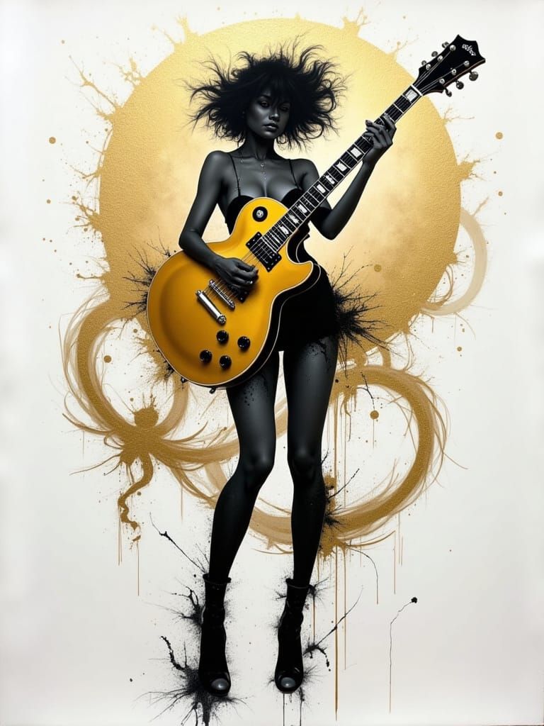 Philippine Woman with Gold Guitar in Vaporwave Impressionism