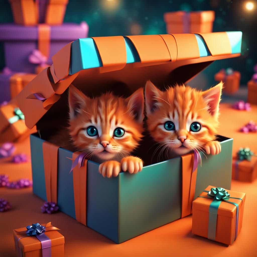 Orange Kittens Surprise in Colorful Gift Box