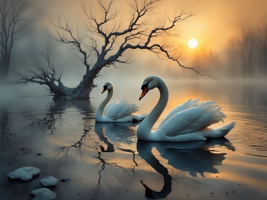 Majestic Swans Glide on Misty Lake
