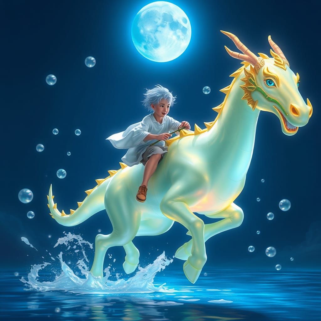 Man Rides Dragon Horse Under Blue Moon