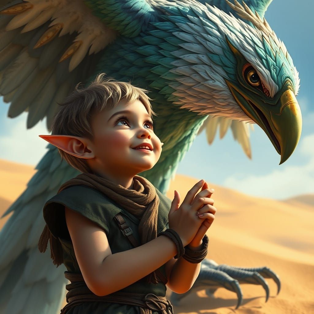 Elven Boy in Awe of Majestic Griffon in Whimsical Fantasy Wo...