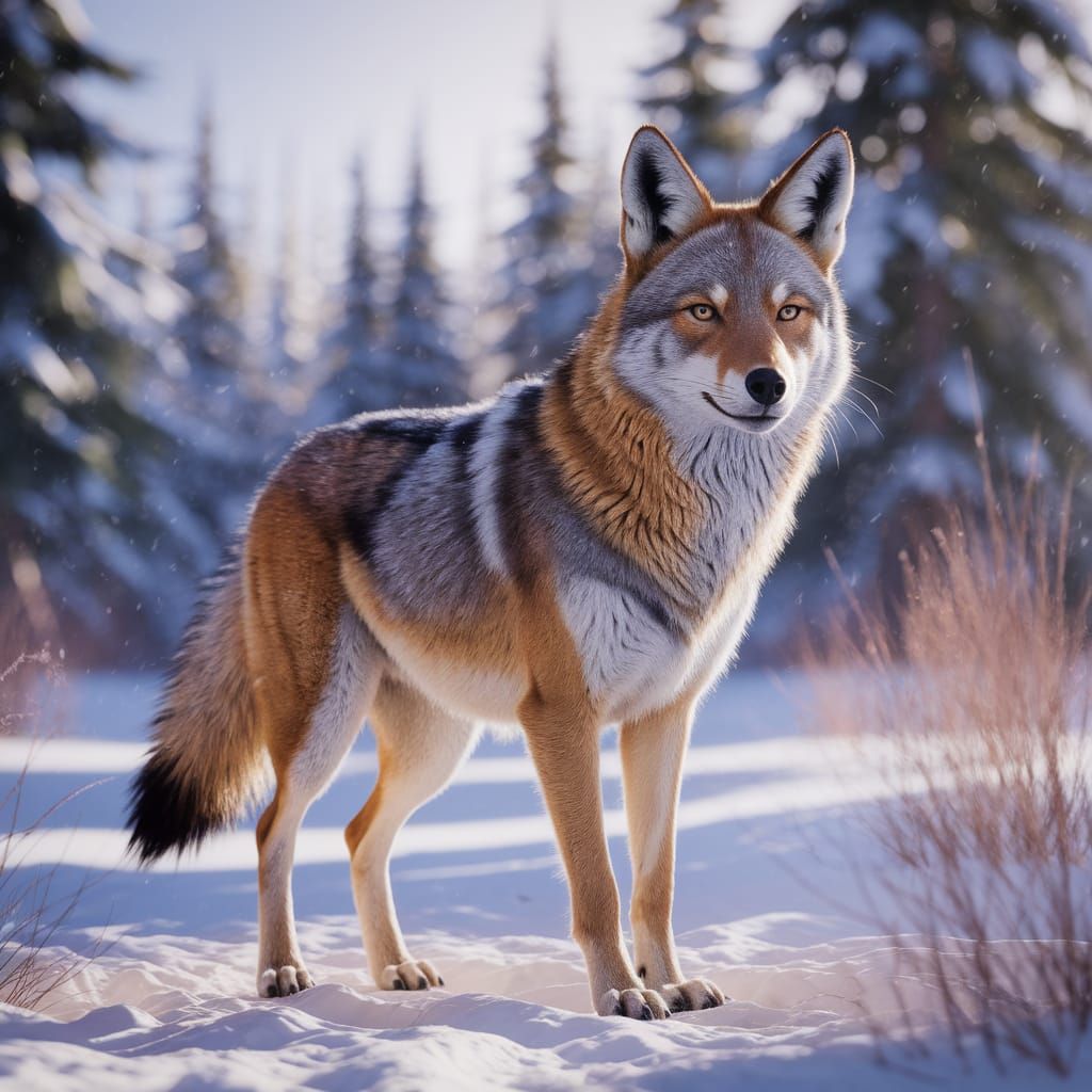 Fantastical Winter Coyote in a Vibrant, Detailed Landscape