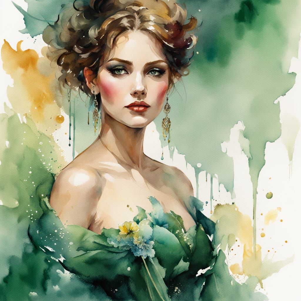 Victorian Woman in Emerald Gown, Expressive Watercolor