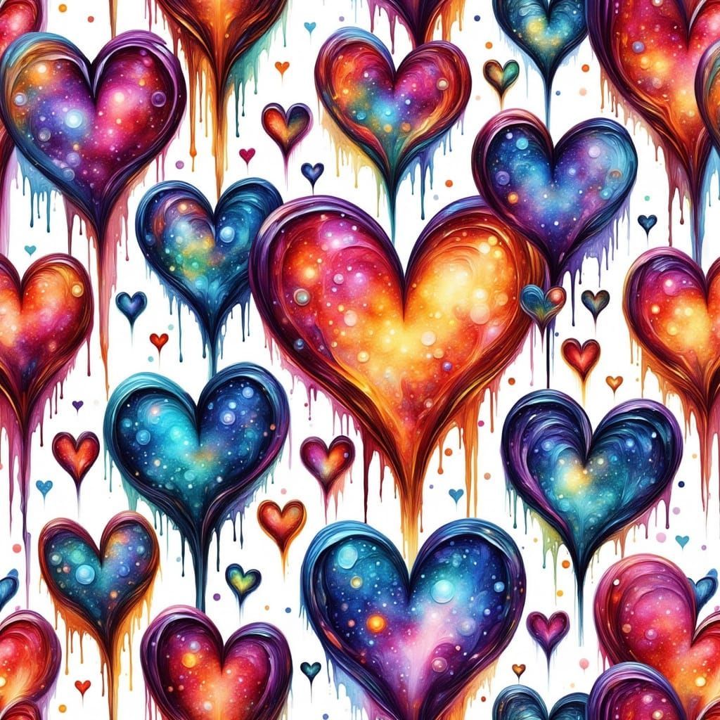 Whimsical Hearts in Iridescent Inks with Rainbow Background