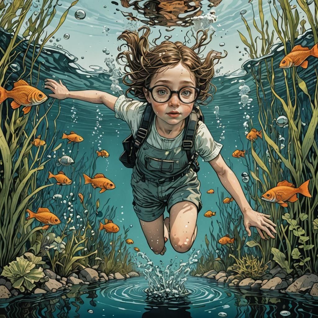 Girl Diving into Deep Water: Pen and Ink Illustration