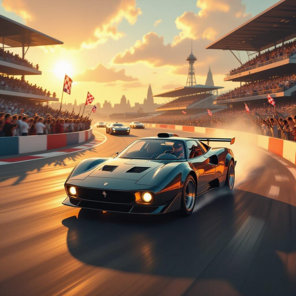 Vintage Fursion Car Speeds Down Nostalgic Track in Golden Li...