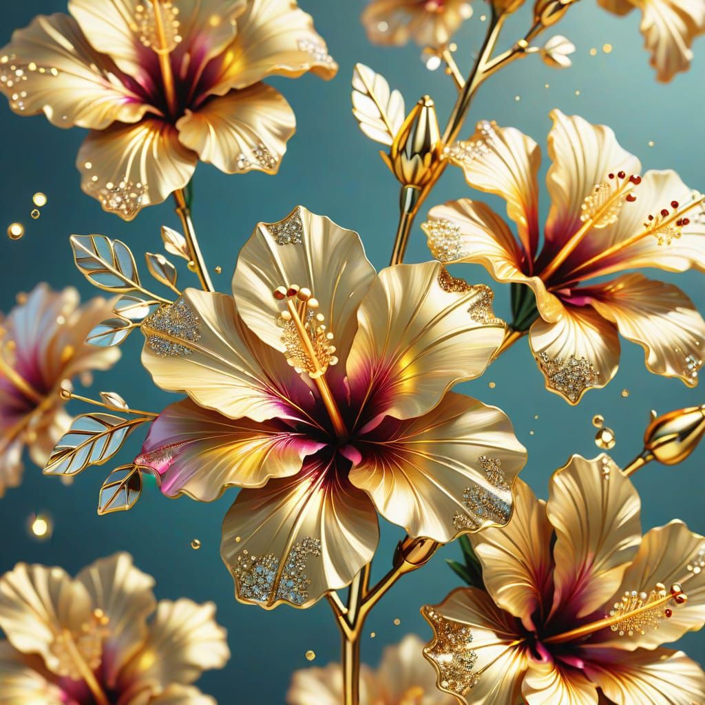 Golden Crystal Hibiscus Flowers in Digital Art