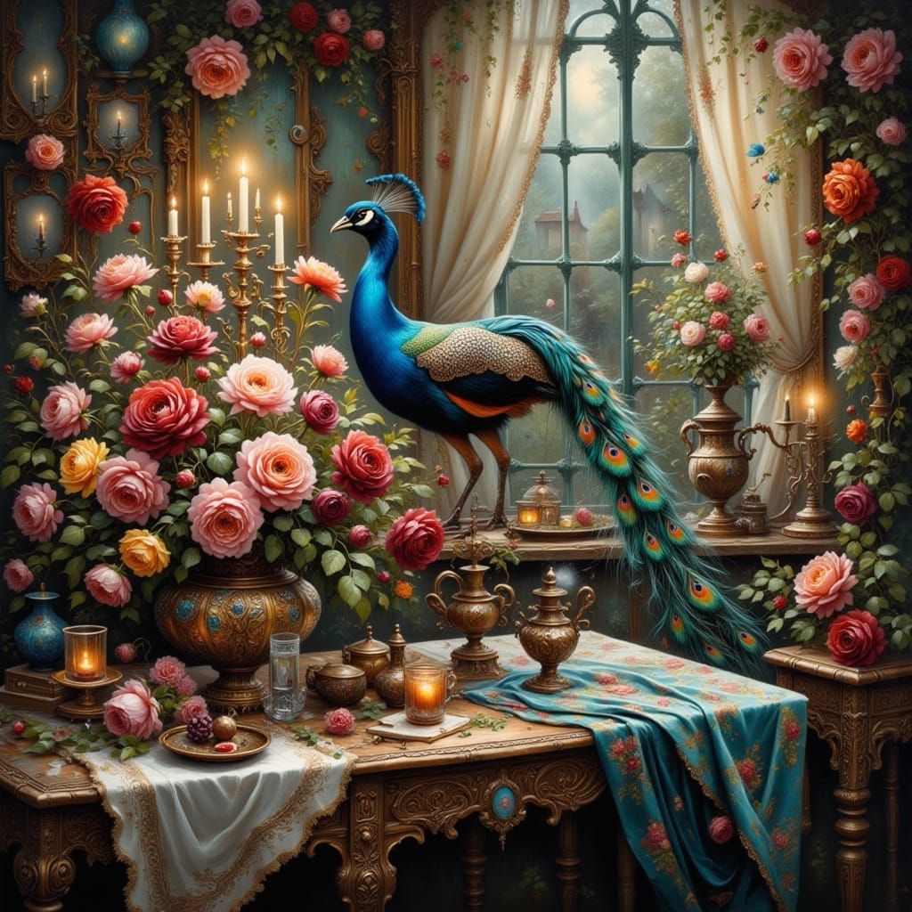 Peacock on Antique Table in Warm Candlelight, Kinkade Style