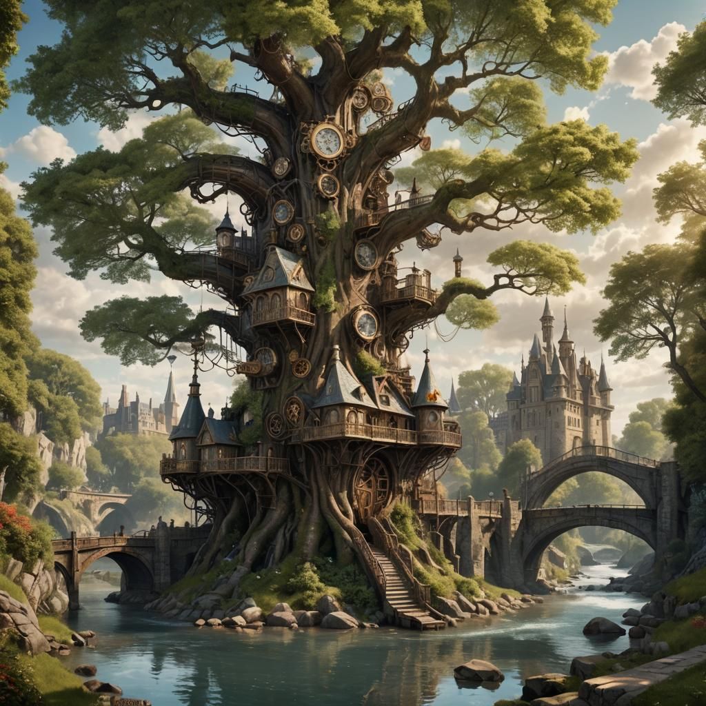 Steampunk Landscape with Weeping Willow and Castle