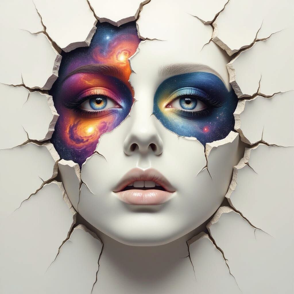 Cosmic Revelation: Eyes Reflecting Universe, Mask Falls Away