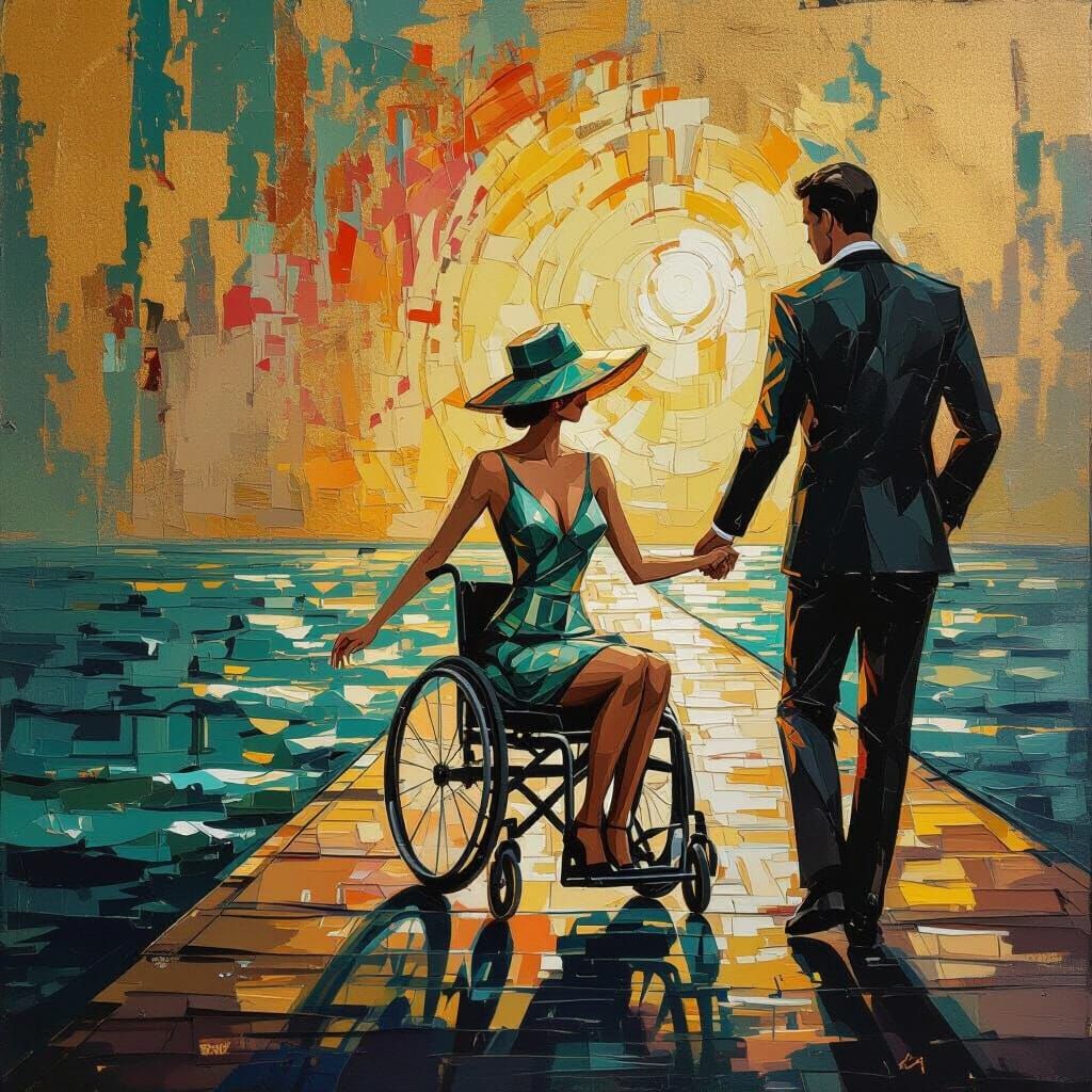 Sunset Serenade: Woman in Wheelchair, Oil Painting