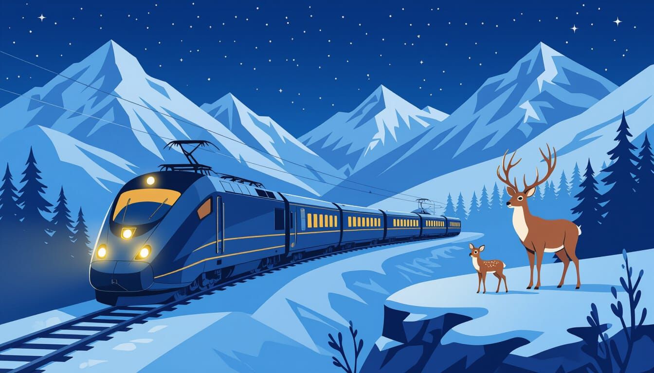 Art Deco Train on Snowy Mountain Pass at Night