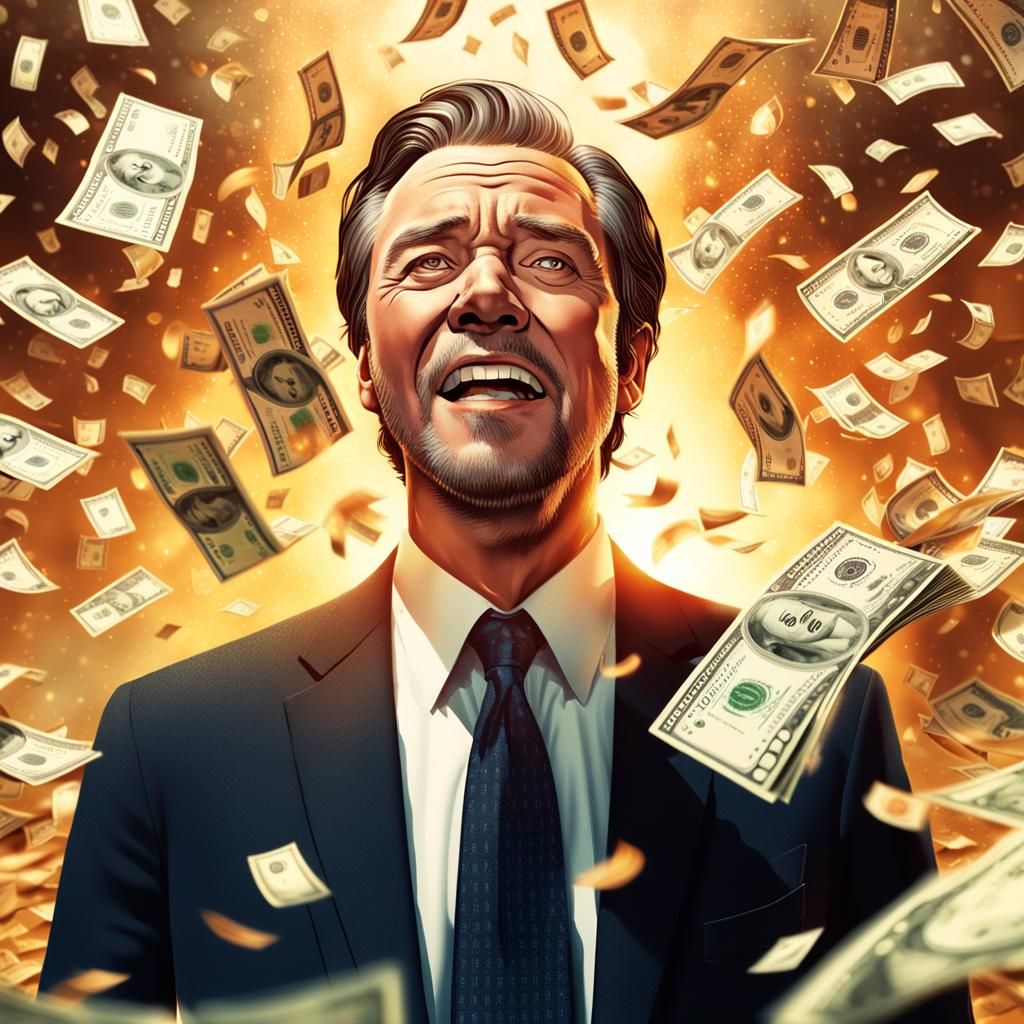 Triumphant Man Rises From Sea of Money