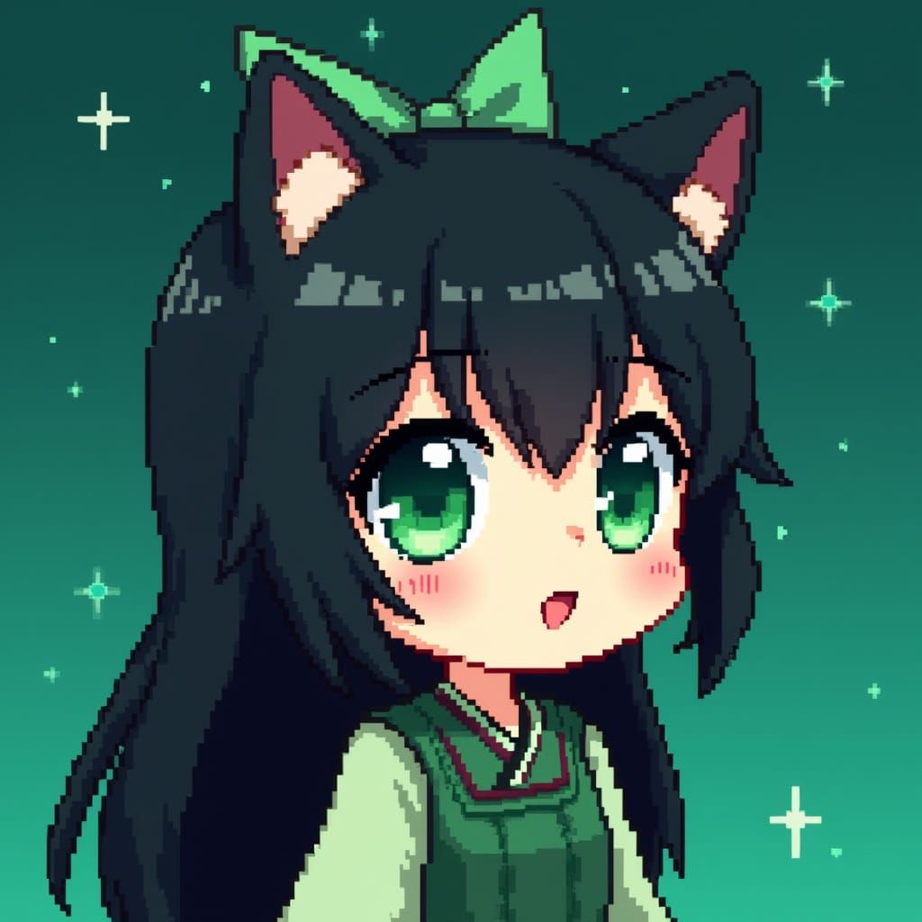 Pixel Art Chibi Catgirl Portrait with Green Eyes