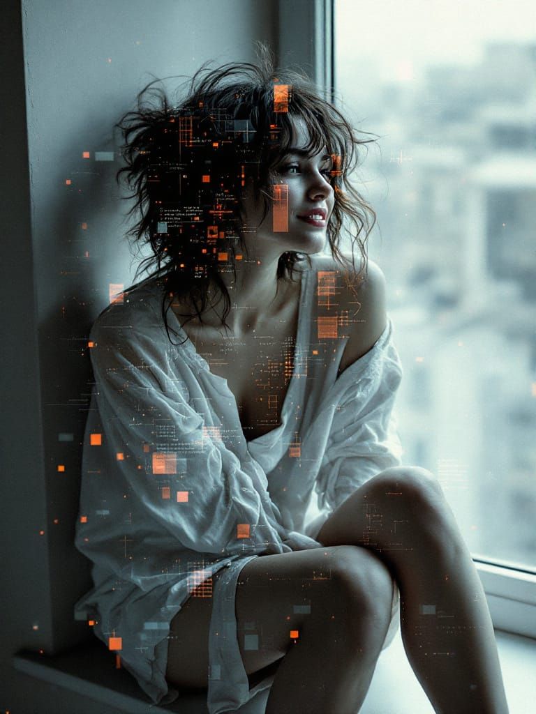 Woman by Window with Digital Glitch Overlay