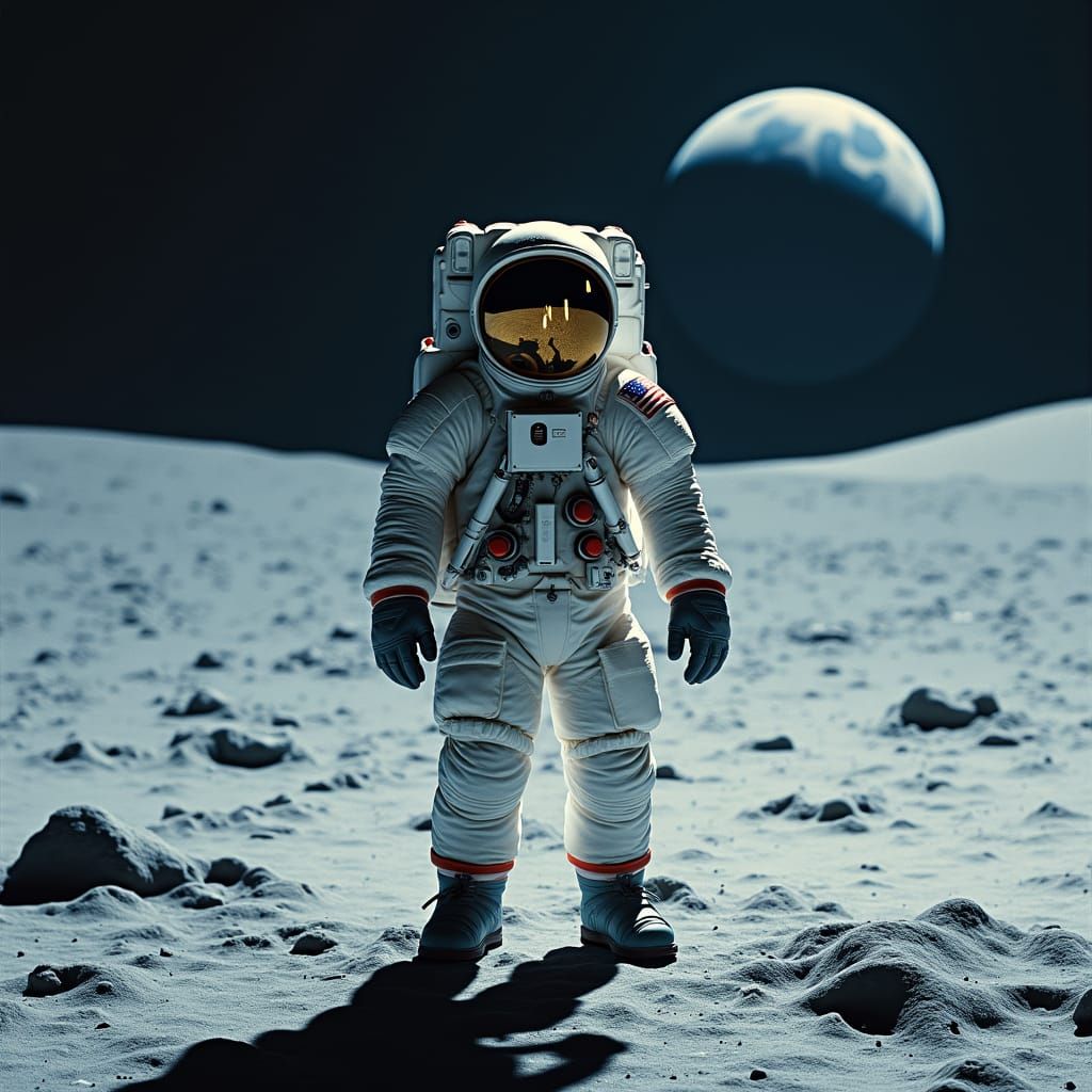 Heroic Astronaut on the Lunar Surface in a Grim, Cinematic L...