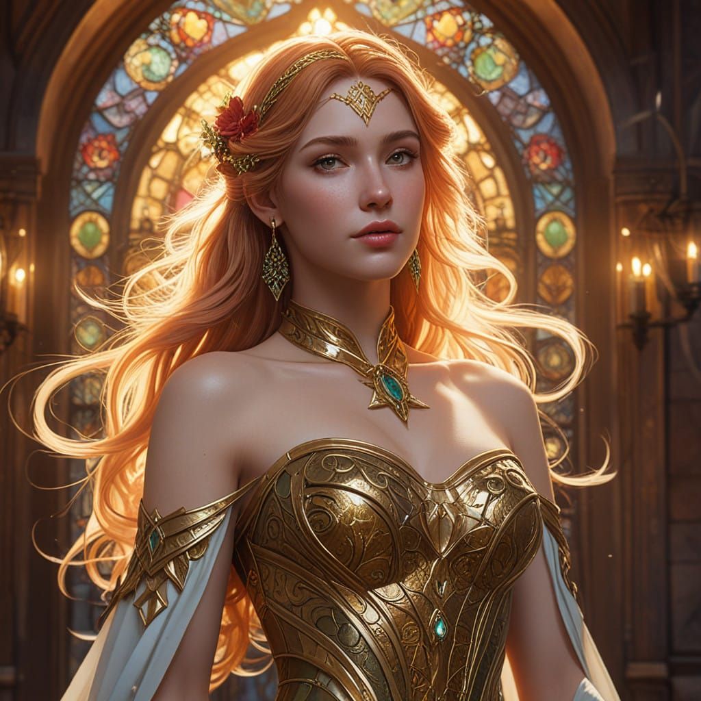 Ethereal Goddess in Radiant Golden Attire