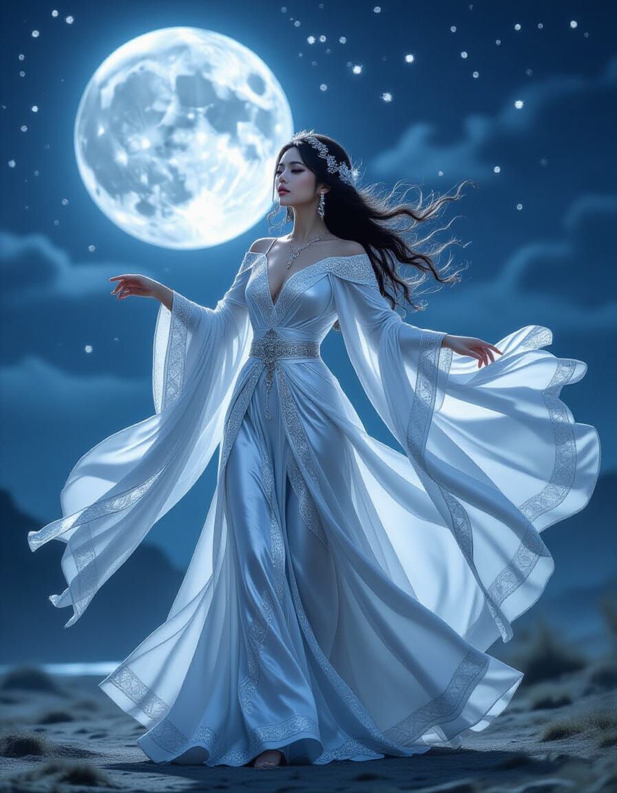 Fantastical Dancer Under Moonlight in Flowing Silver Robes