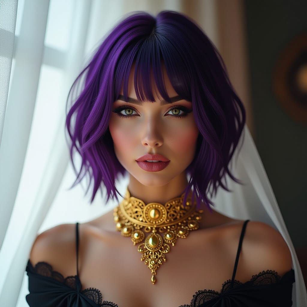 Woman With Purple Hair And Gold Necklace in Dramatic Lightin...