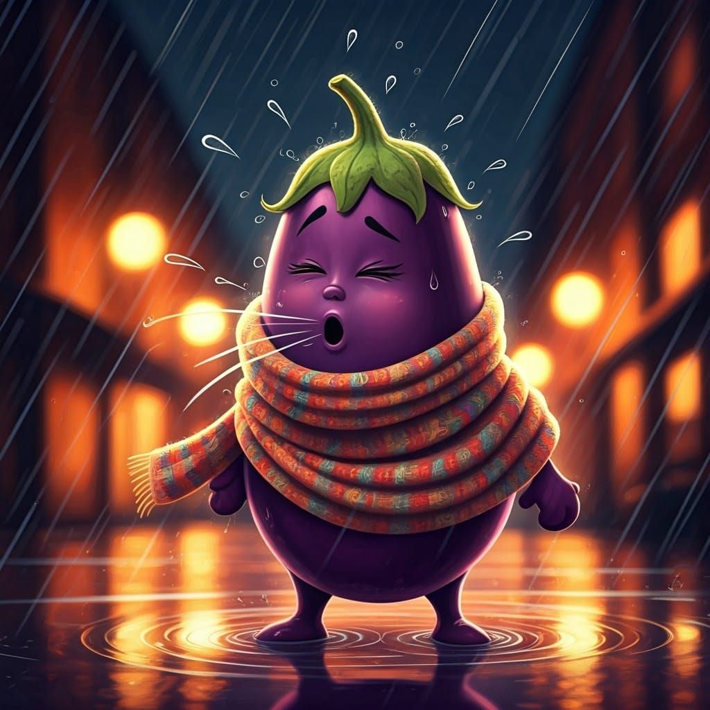 Cartoon Eggplant Character in Rainy Cityscape
