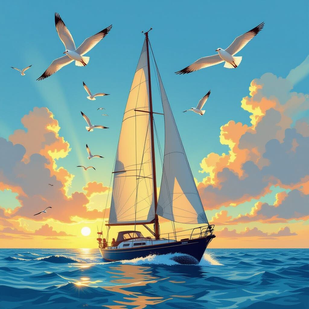 Sailboat on Azure Sea in Comic Book Style