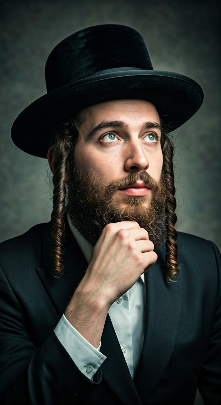 Contemplative Hasidic Youth in Traditional Attire