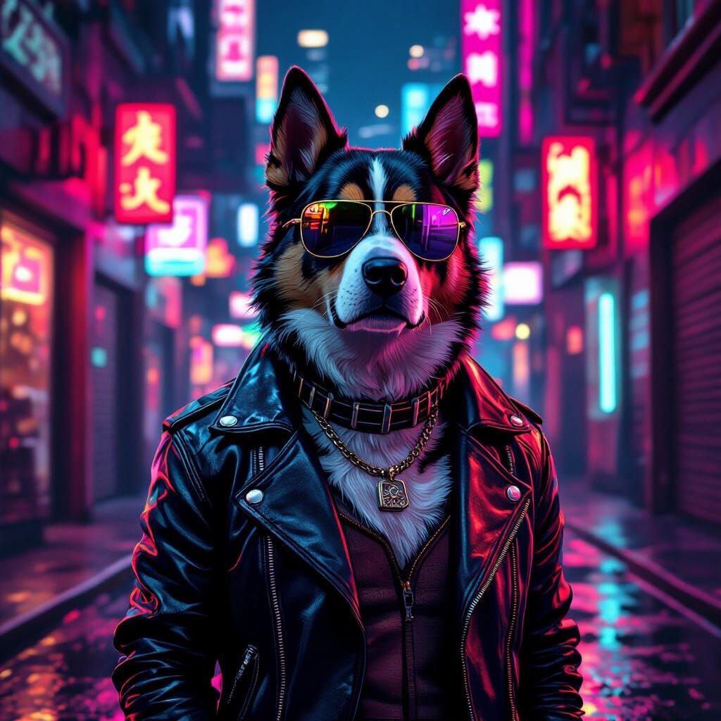 Cool Cyberpunk Dog in Neon City Alley
