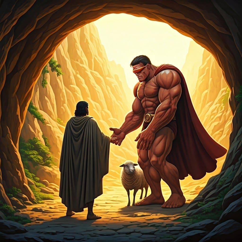 Greek Explorer and Cyclops in Golden Light