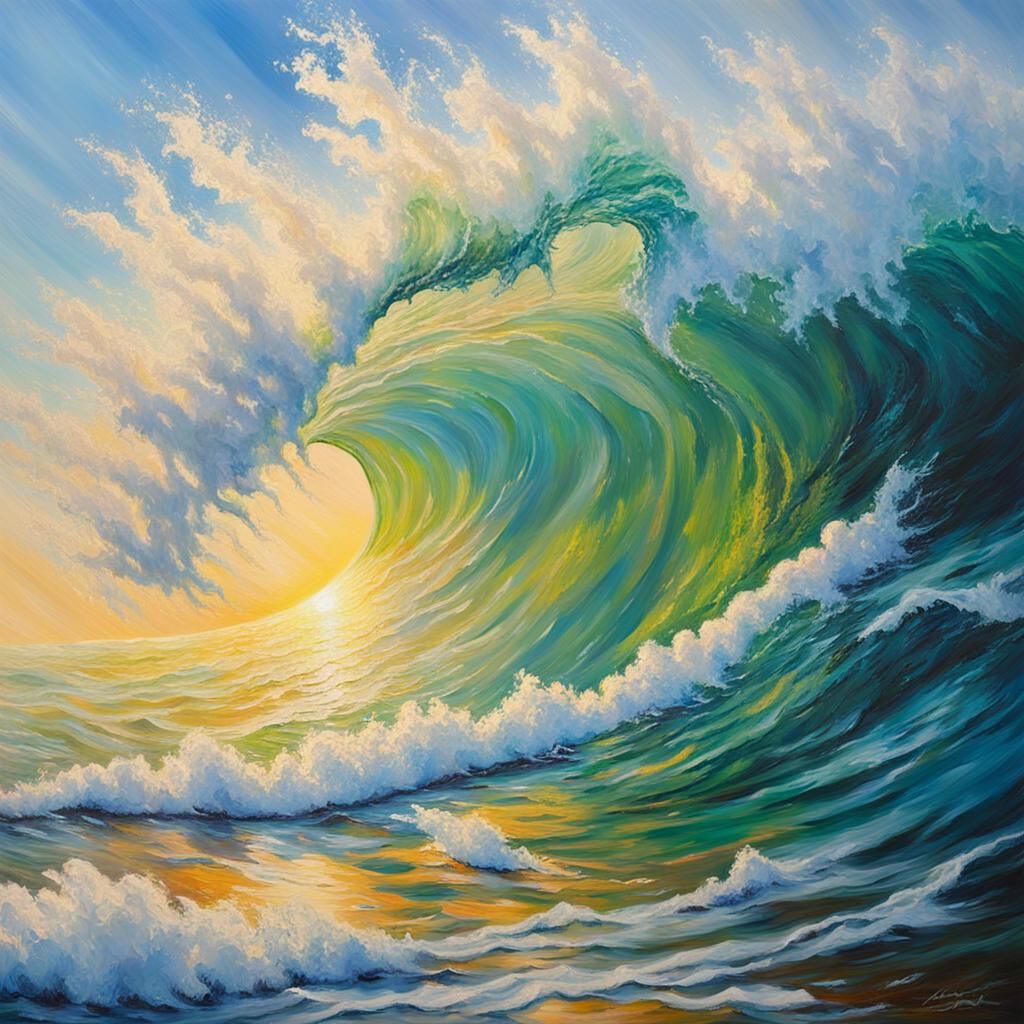 Majestic Cresting Wave in Impressionistic Style