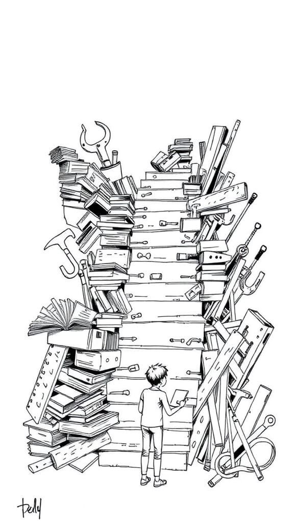 Person Ascending Stairs Made of Objects, Ink Illustration
