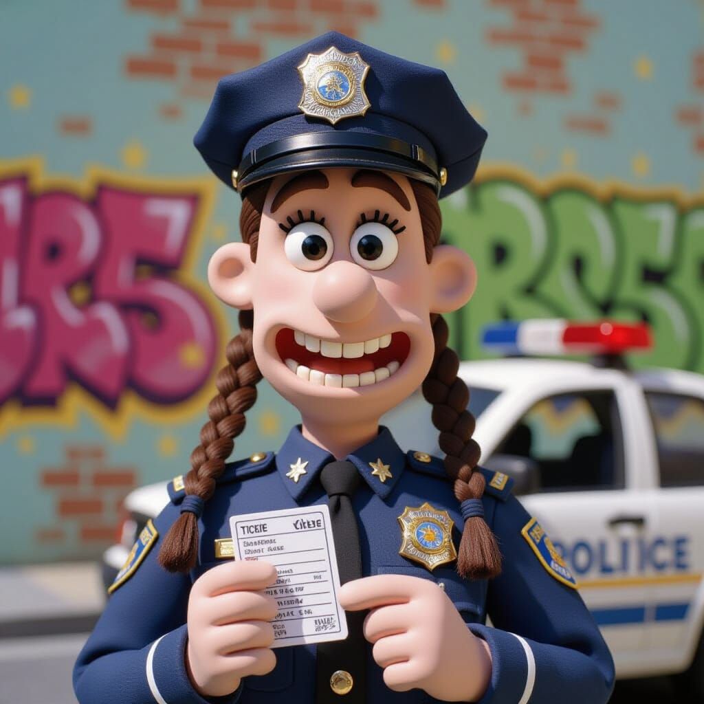 Claymation Police Officer with Bright Smile and Braids