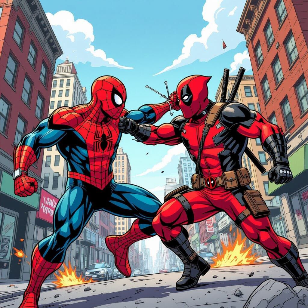 Spiderman and Deadpool Clash in Comic Book Art