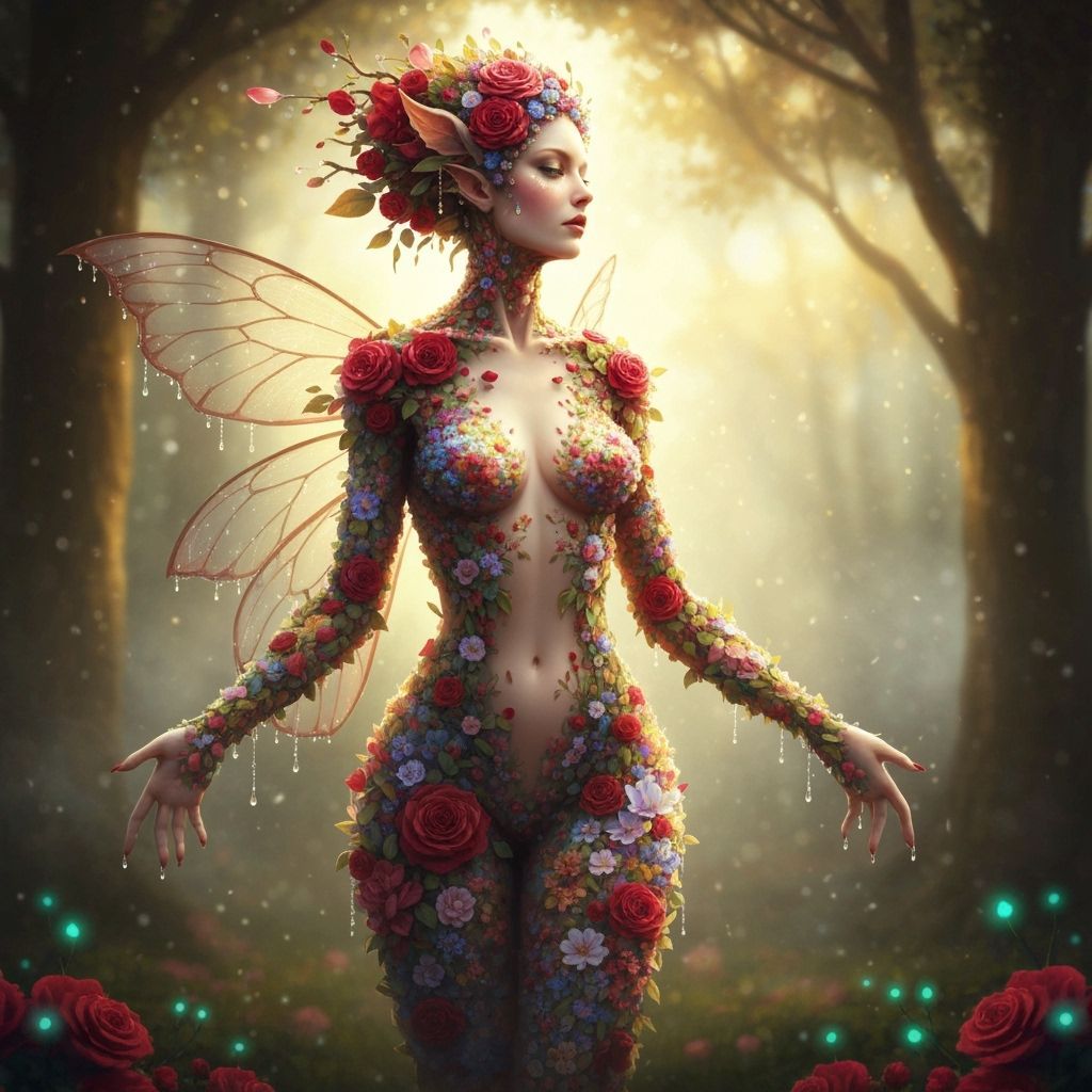 Ethereal Flower Fairy in Enchanted Forest Digital Painting