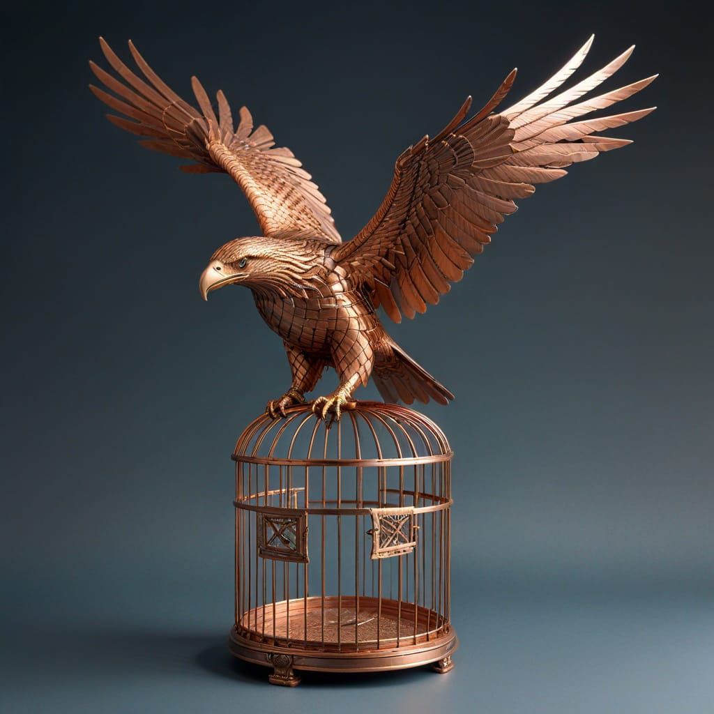 A bird cage made of woven copper in the shape of an eagle,
 ...
