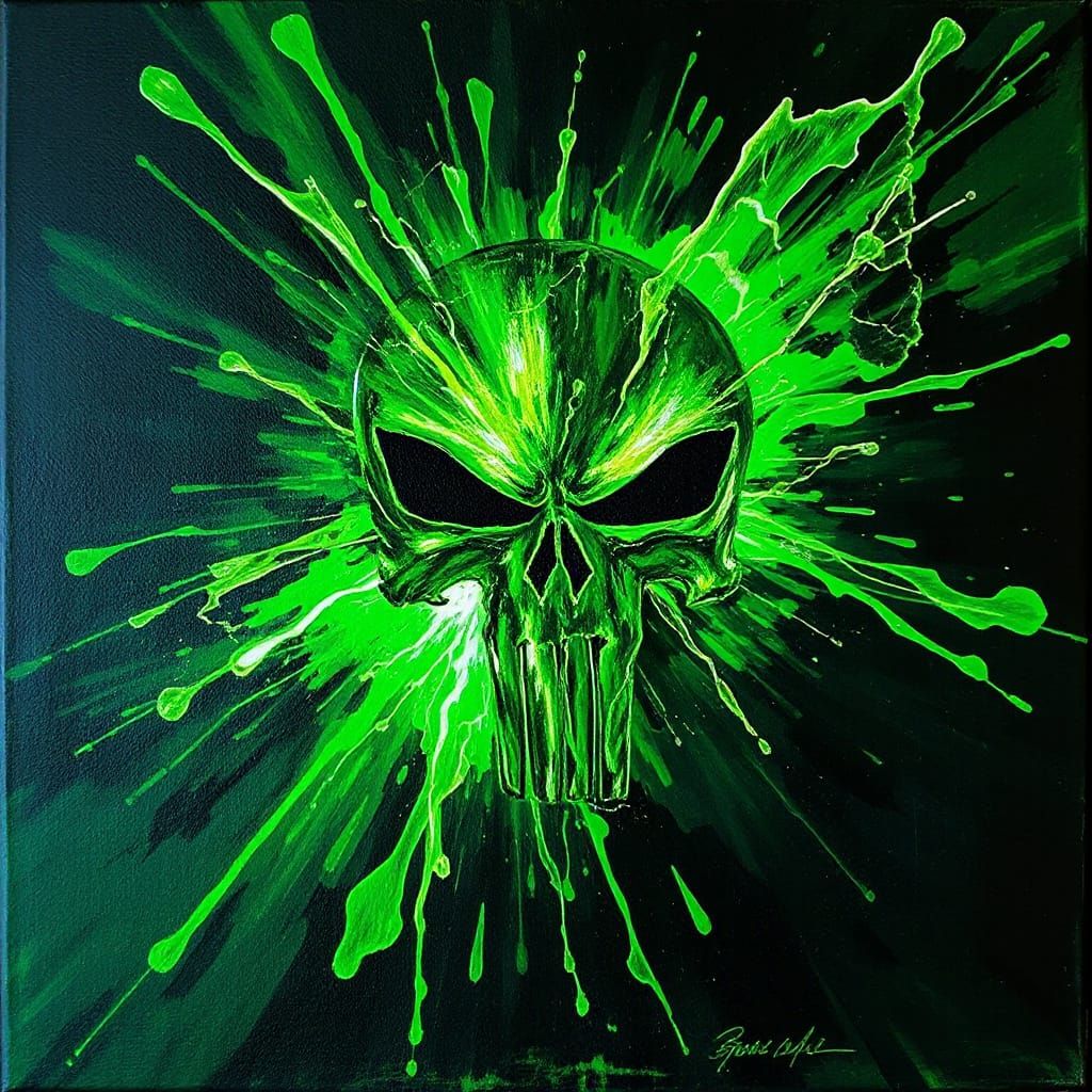 Abstract Punisher Graphic Oil Painting with Holographic Flak...