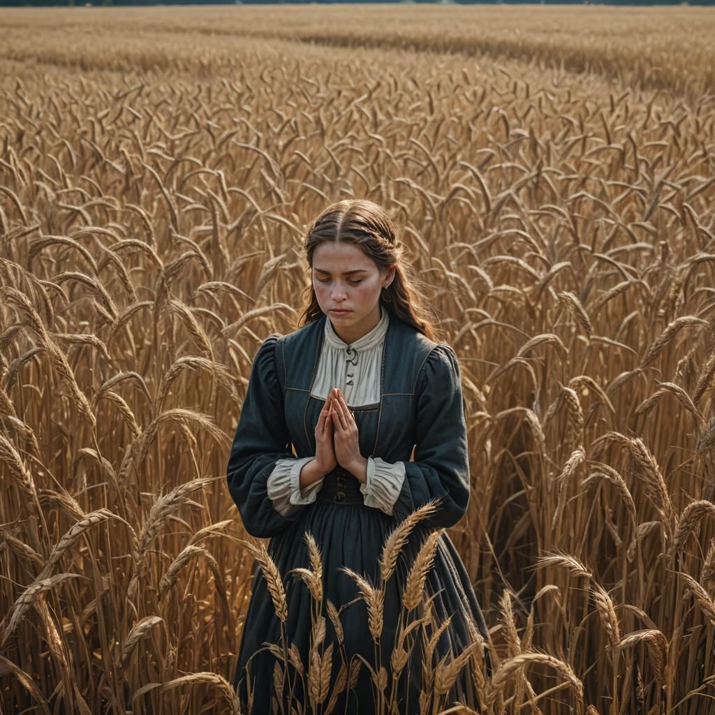 Puritan Woman Praying in Wheat Field: Matte Painting