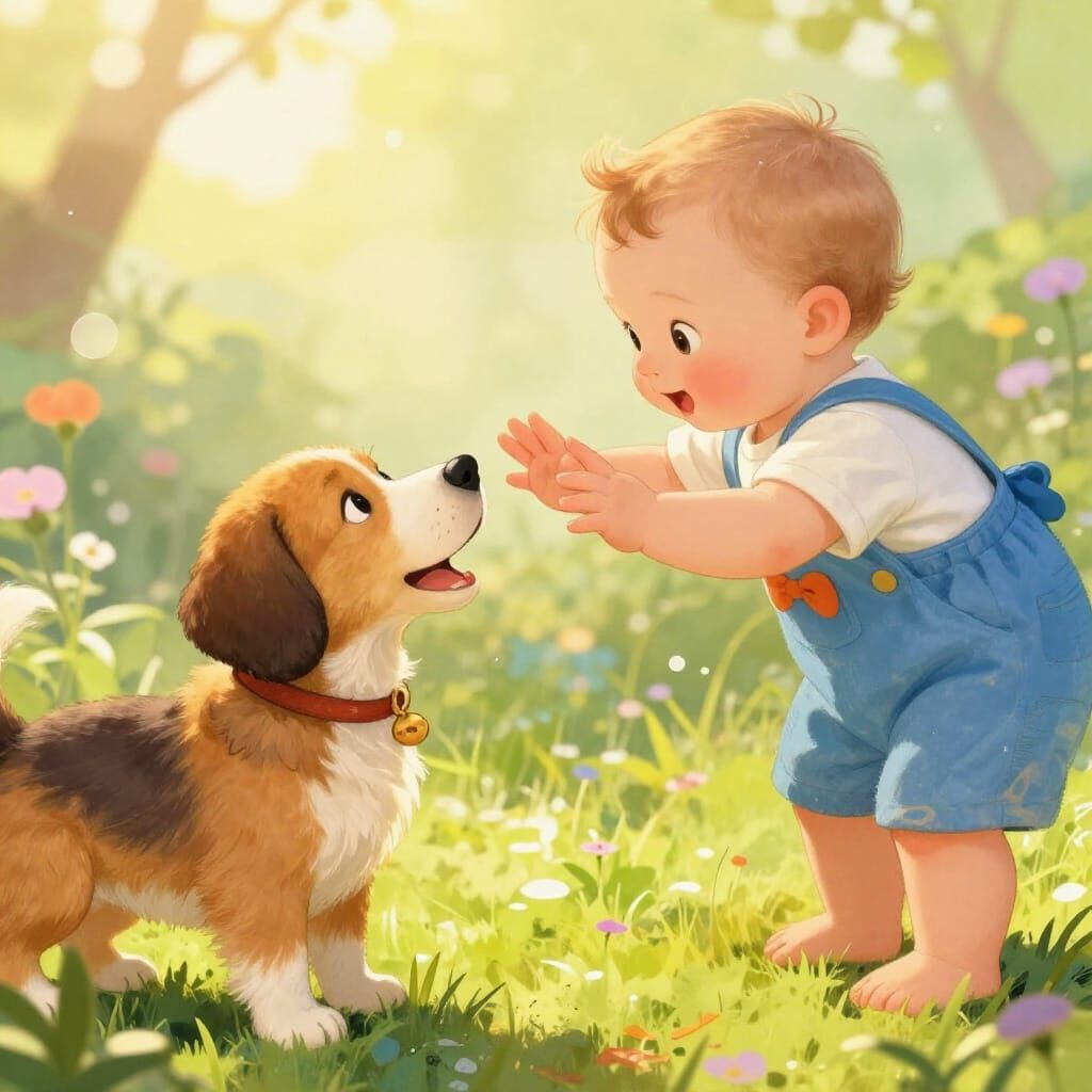 Baby Reaches for Dog in Children's Book Style