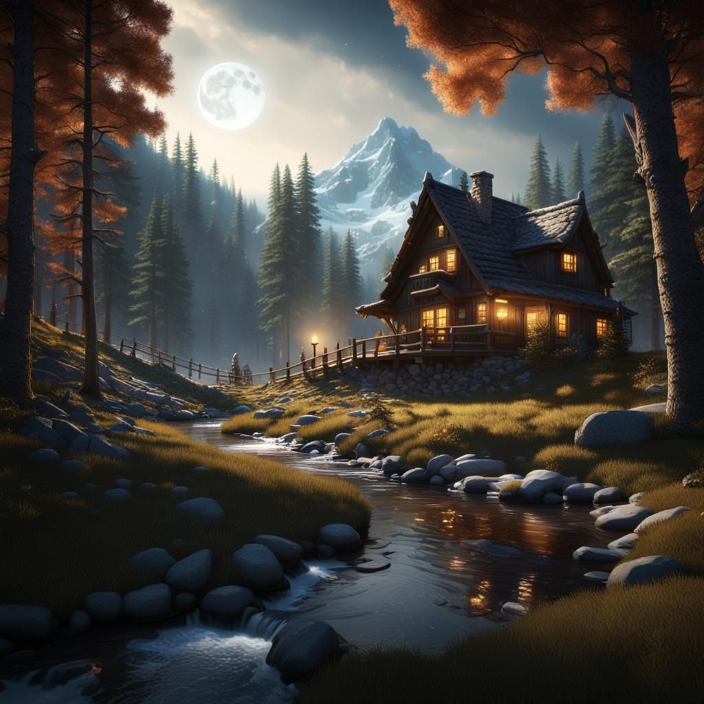 Moonlit Mountain Cabin at Night