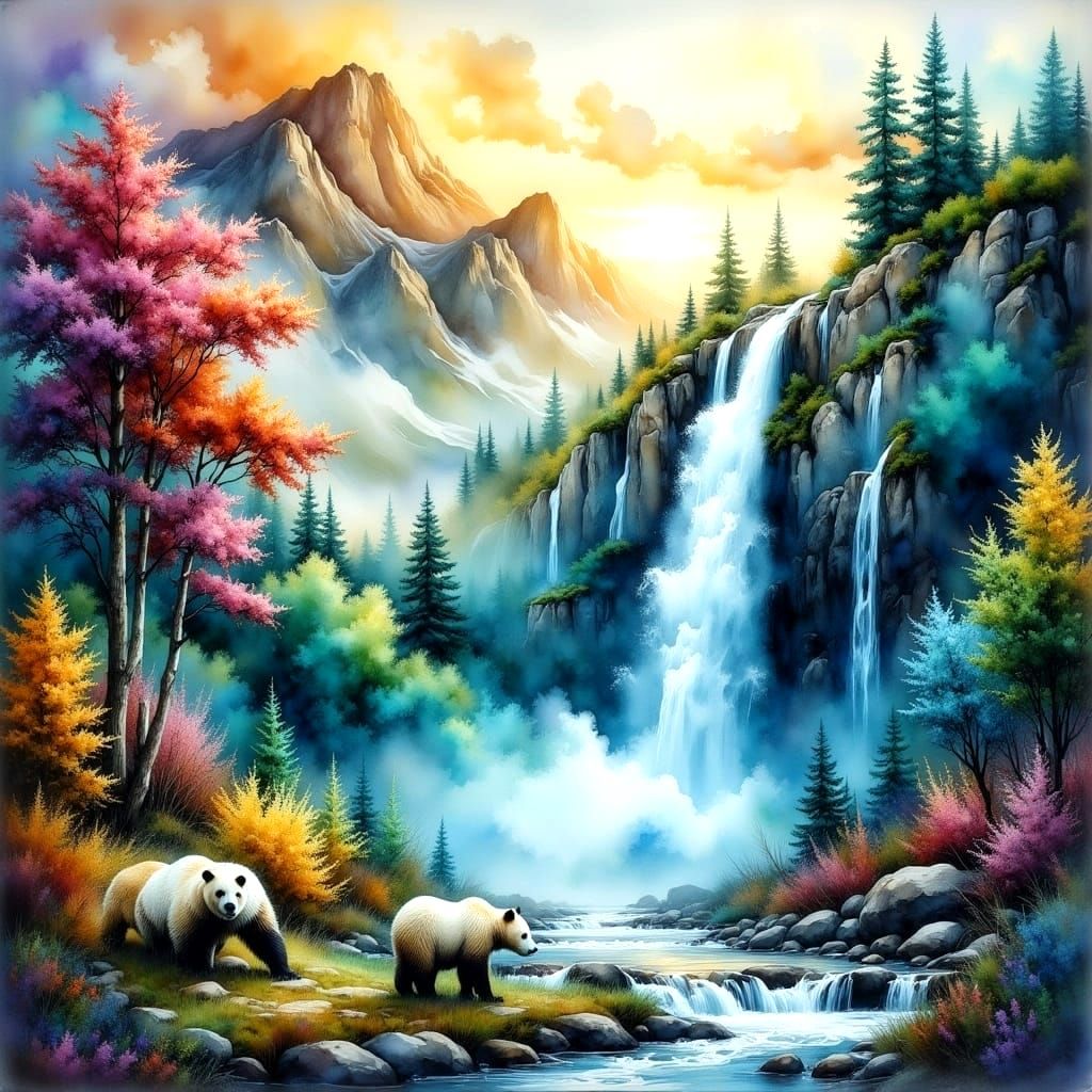 Spectacular Waterfalls in Ethereal Sunshine as Majestic Bear...