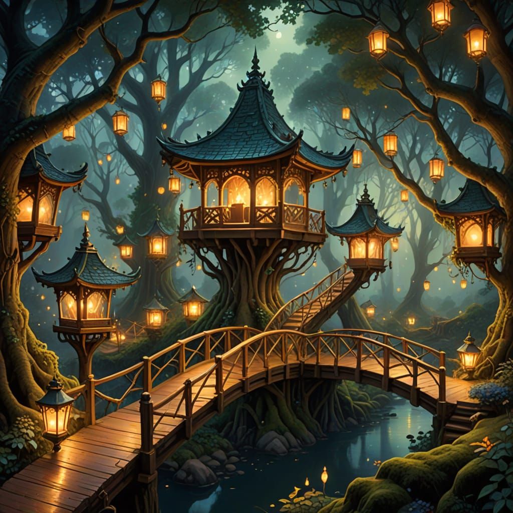 Whimsical Woodland Village in Golden Twilight